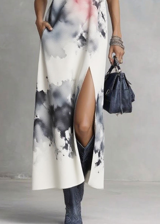 Natural White V Neck Tie Dye Maxi Dress Summer - Omychic