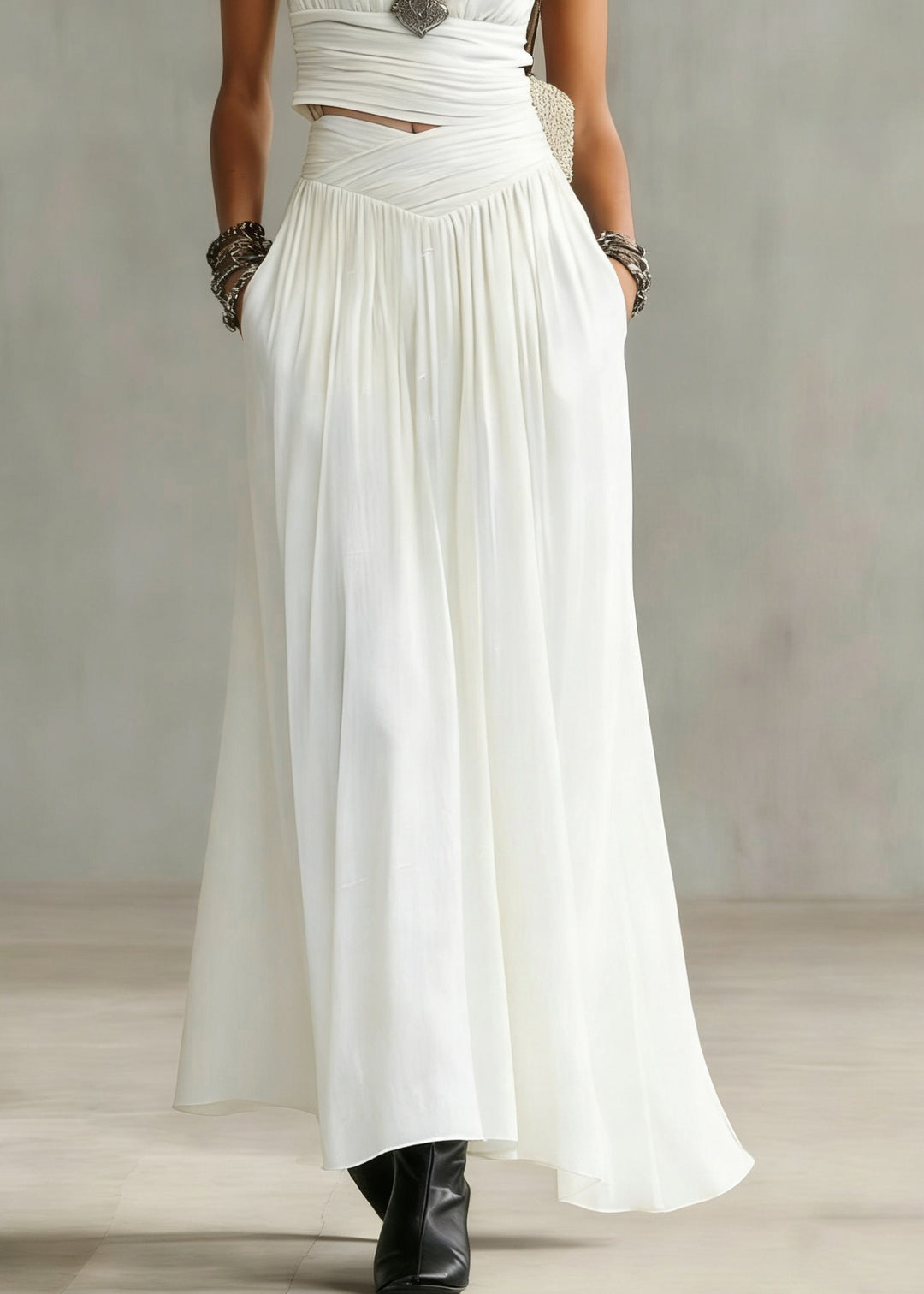 Natural White V Neck Wrinkled Top And Maxi Skirts Two Pieces Set Summer