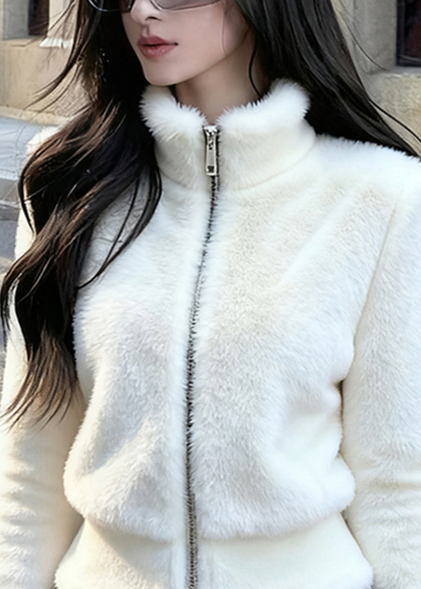 Natural White Zippered Patchwork Mink Hair Coat Winter