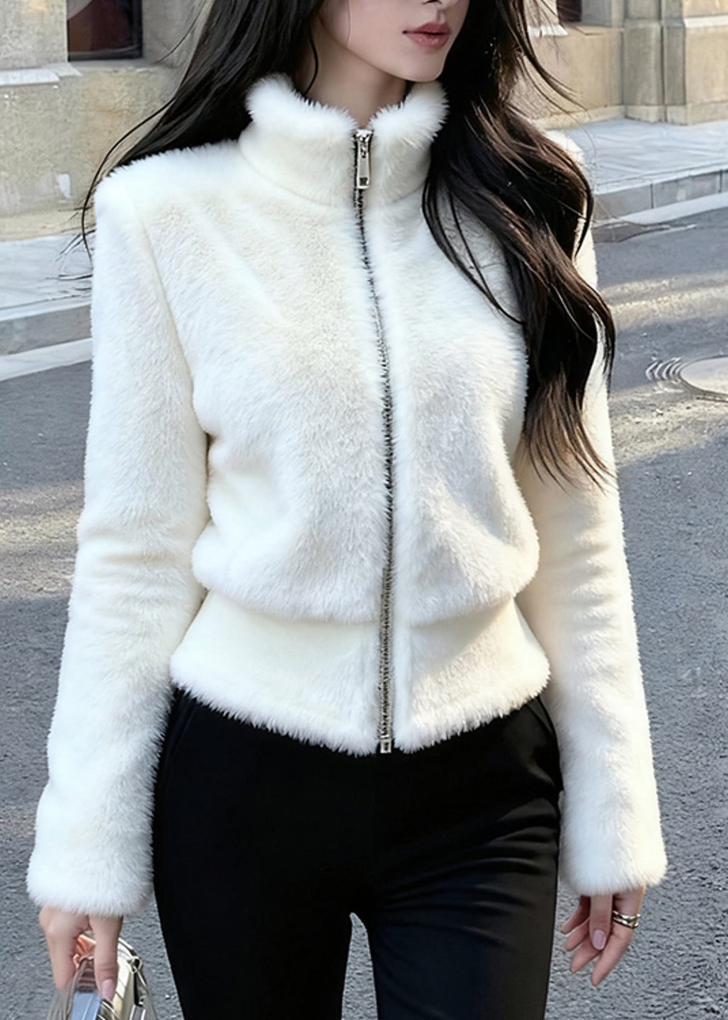 Natural White Zippered Patchwork Mink Hair Coat Winter