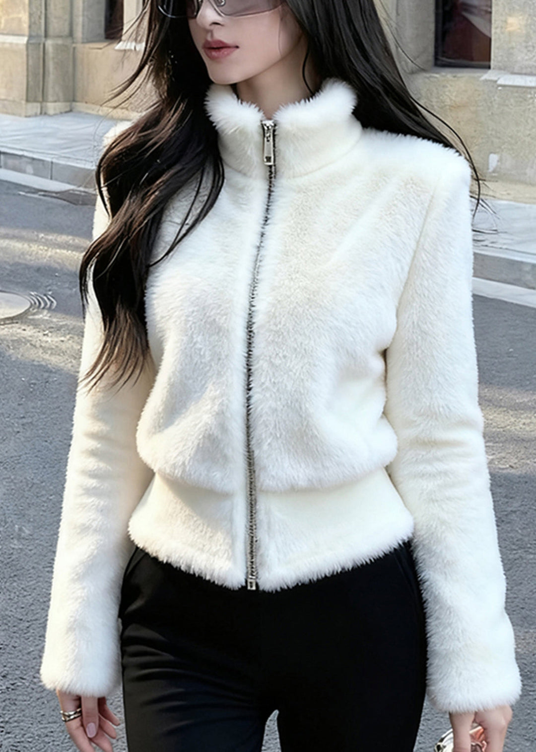 Natural White Zippered Patchwork Mink Hair Coat Winter