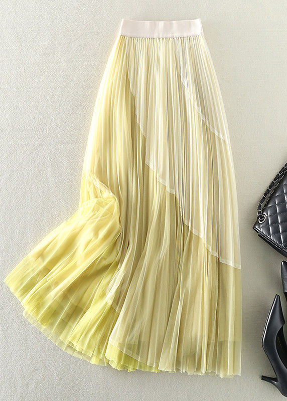 Natural Yellow Elastic Waist Patchwork Tulle Pleated Skirts Spring - Omychic