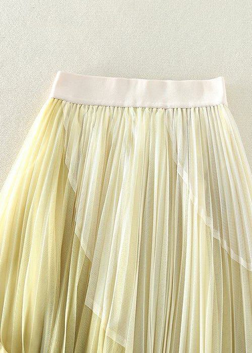 Natural Yellow Elastic Waist Patchwork Tulle Pleated Skirts Spring - Omychic