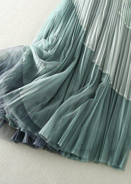 Natural Yellow Elastic Waist Patchwork Tulle Pleated Skirts Spring - Omychic