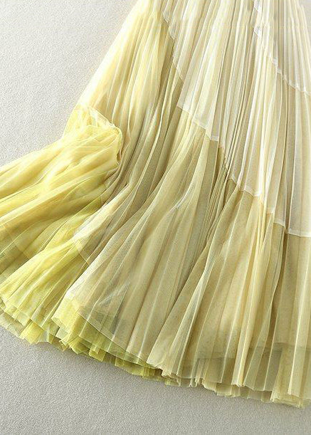 Natural Yellow Elastic Waist Patchwork Tulle Pleated Skirts Spring - Omychic