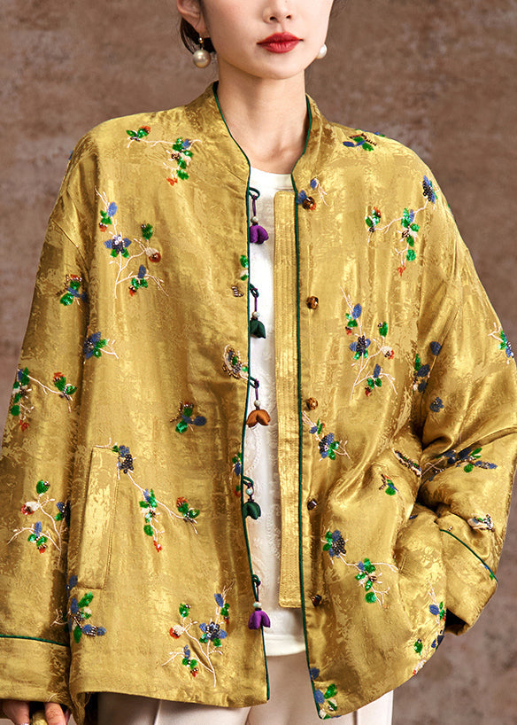 Natural Yellow Embroidered Patchwork Parka Coat Winter
