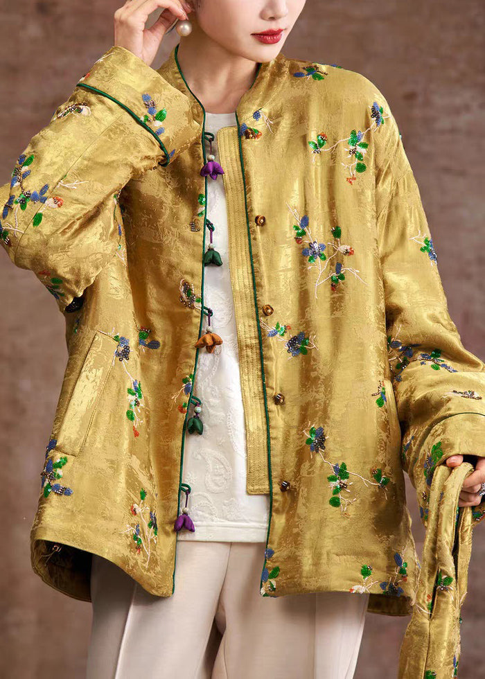 Natural Yellow Embroidered Patchwork Parka Coat Winter