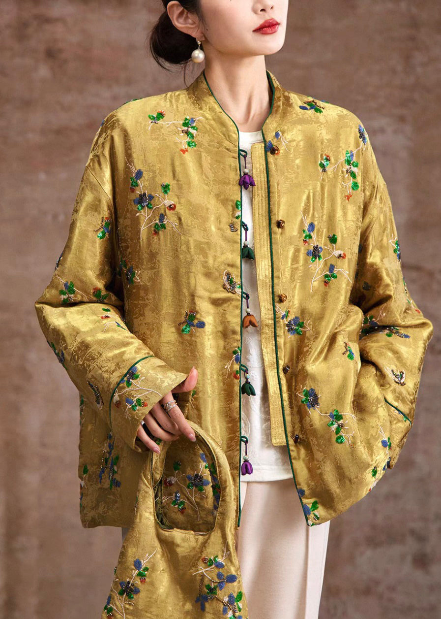 Natural Yellow Embroidered Patchwork Parka Coat Winter