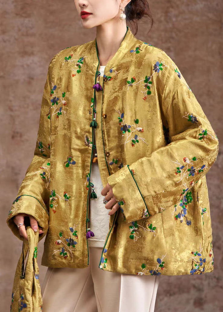 Natural Yellow Embroidered Patchwork Parka Coat Winter