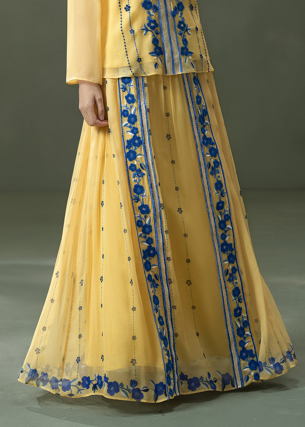 Natural Yellow Embroidered Print Exra Large Hem Silk Skirt Summer