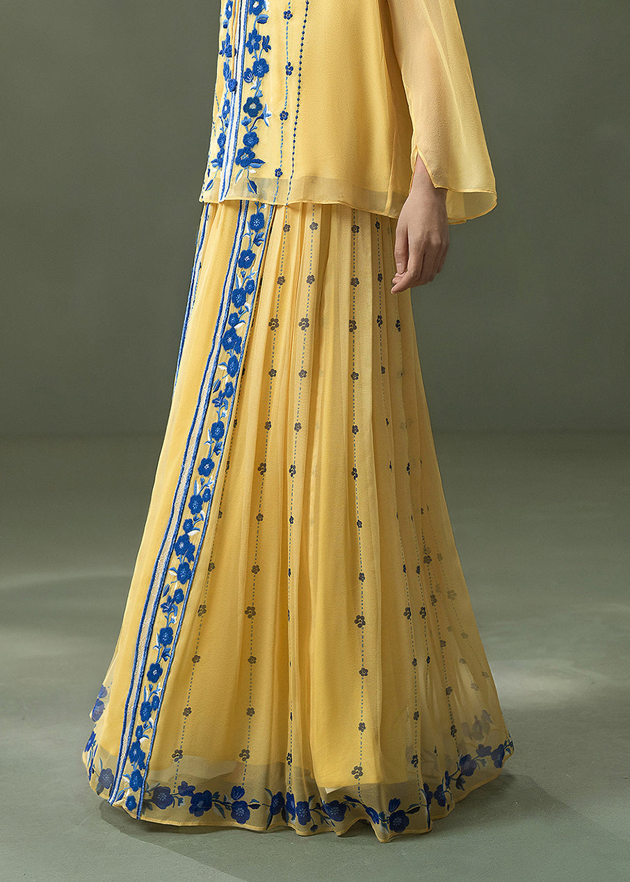 Natural Yellow Embroidered Print Exra Large Hem Silk Skirt Summer