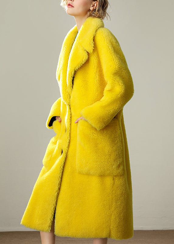 Natural Yellow Notched Pockets Faux Fur Long Coats Winter