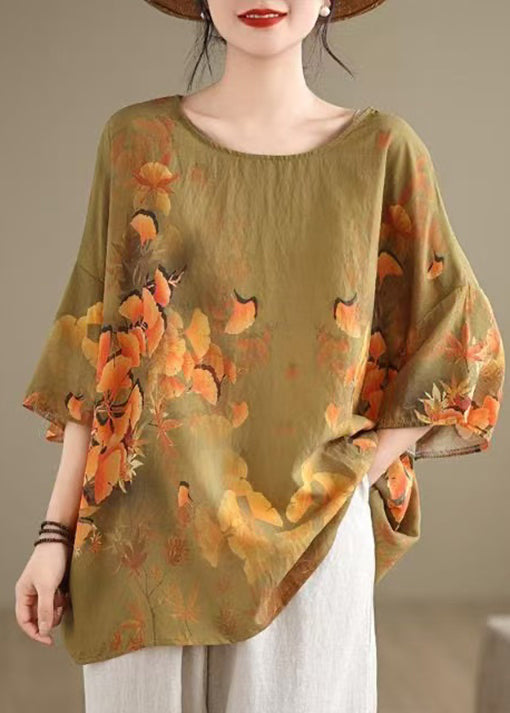 Natural Yellow O Neck Print Cotton T Shirt Summer