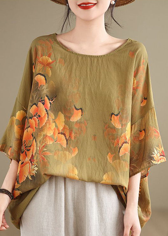 Natural Yellow O Neck Print Cotton T Shirt Summer