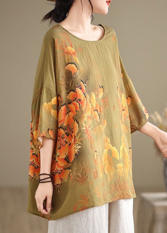 Natural Yellow O Neck Print Cotton T Shirt Summer