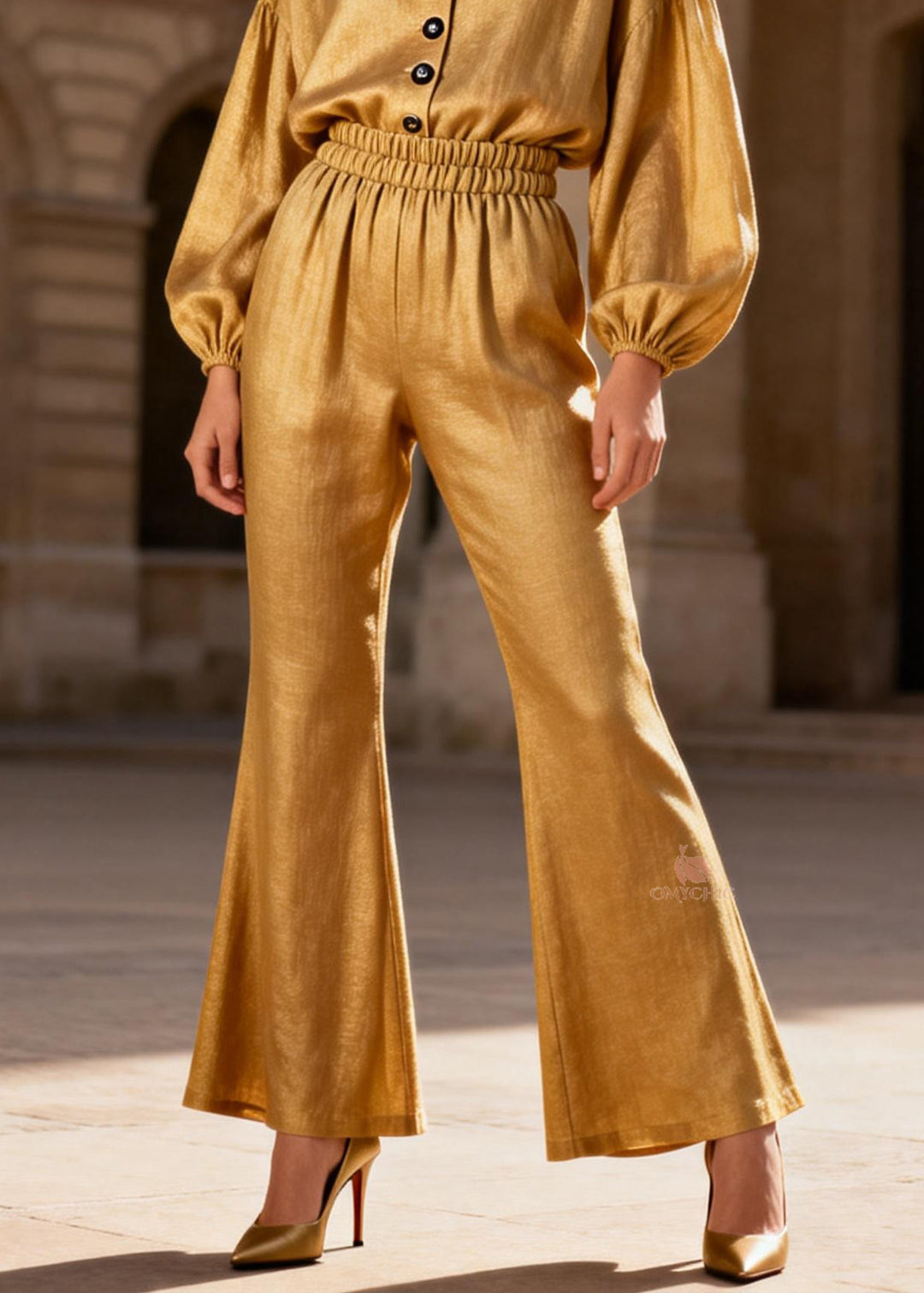 Natural Yellow Patchwork Button Shirts And Flared Trousers Two Pieces Set Lantern Sleeve