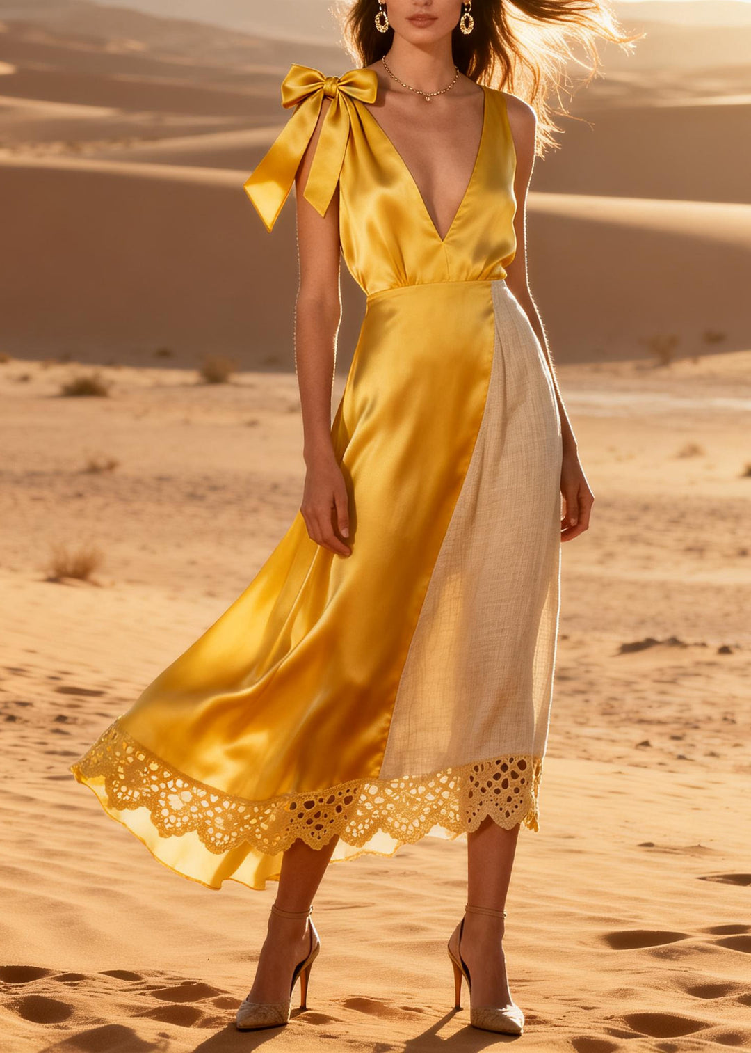 Natural Yellow V Neck Patchwork Bow Silk Maxi Dresses Summer