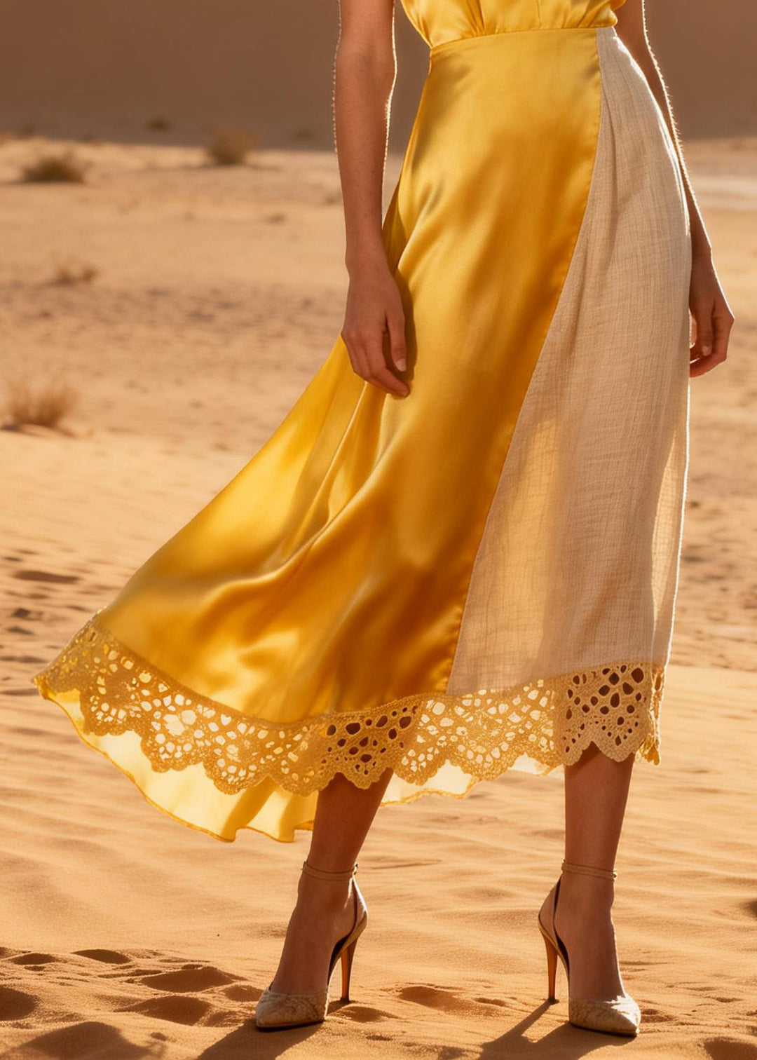 Natural Yellow V Neck Patchwork Bow Silk Maxi Dresses Summer