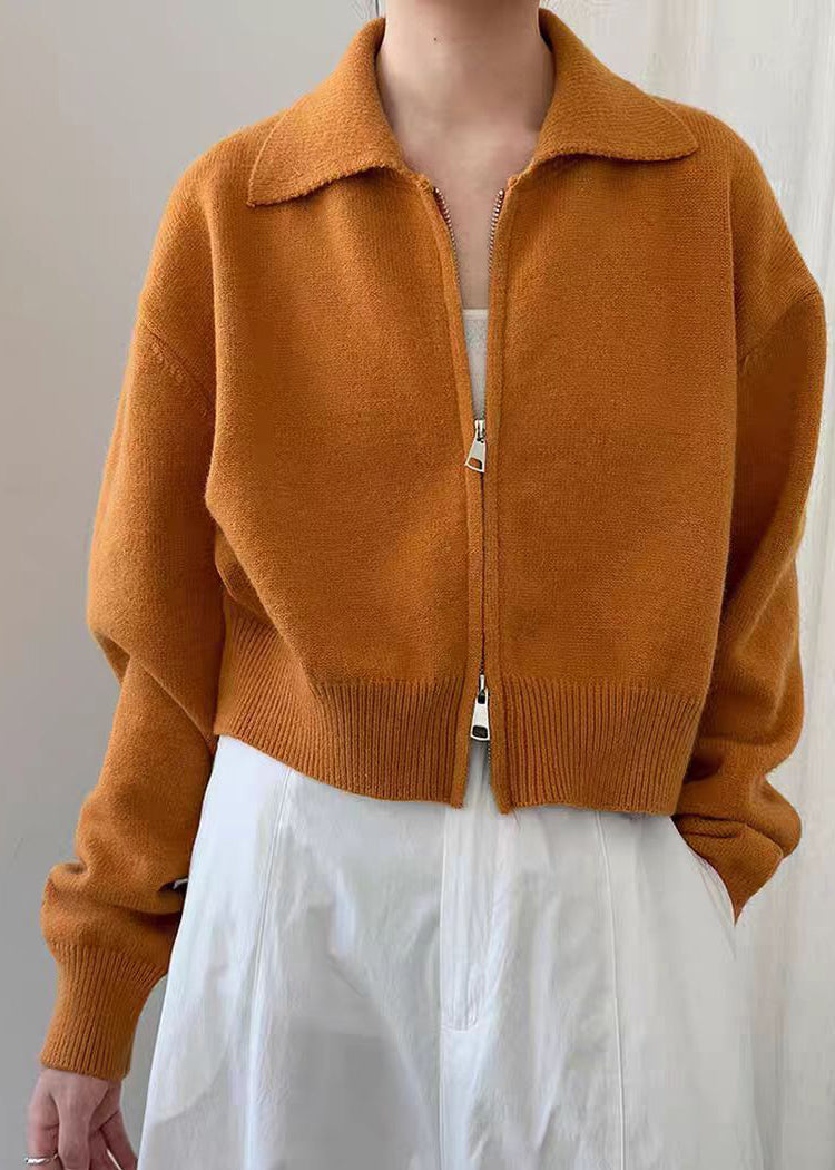 Natural Yellow Zippered Patchwork Solid Cotton Knit Coats Spring