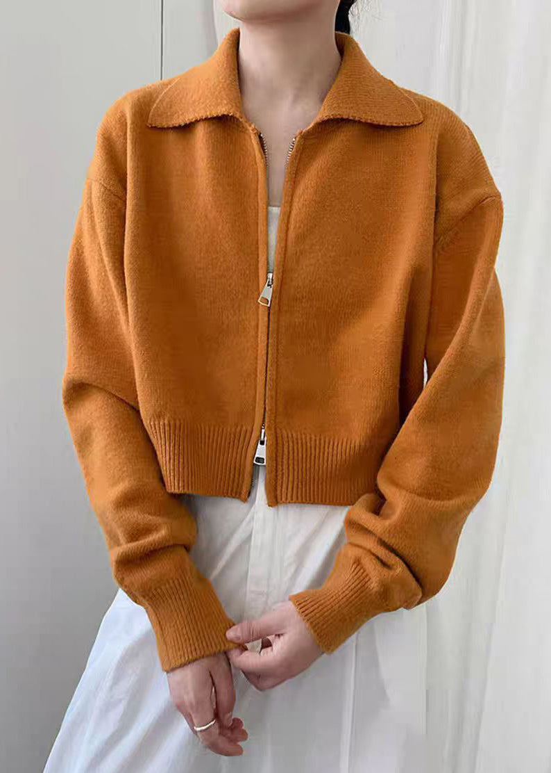 Natural Yellow Zippered Patchwork Solid Cotton Knit Coats Spring