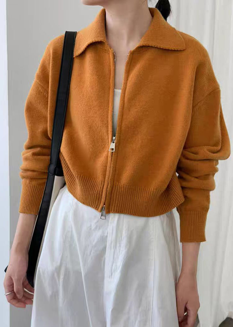 Natural Yellow Zippered Patchwork Solid Cotton Knit Coats Spring