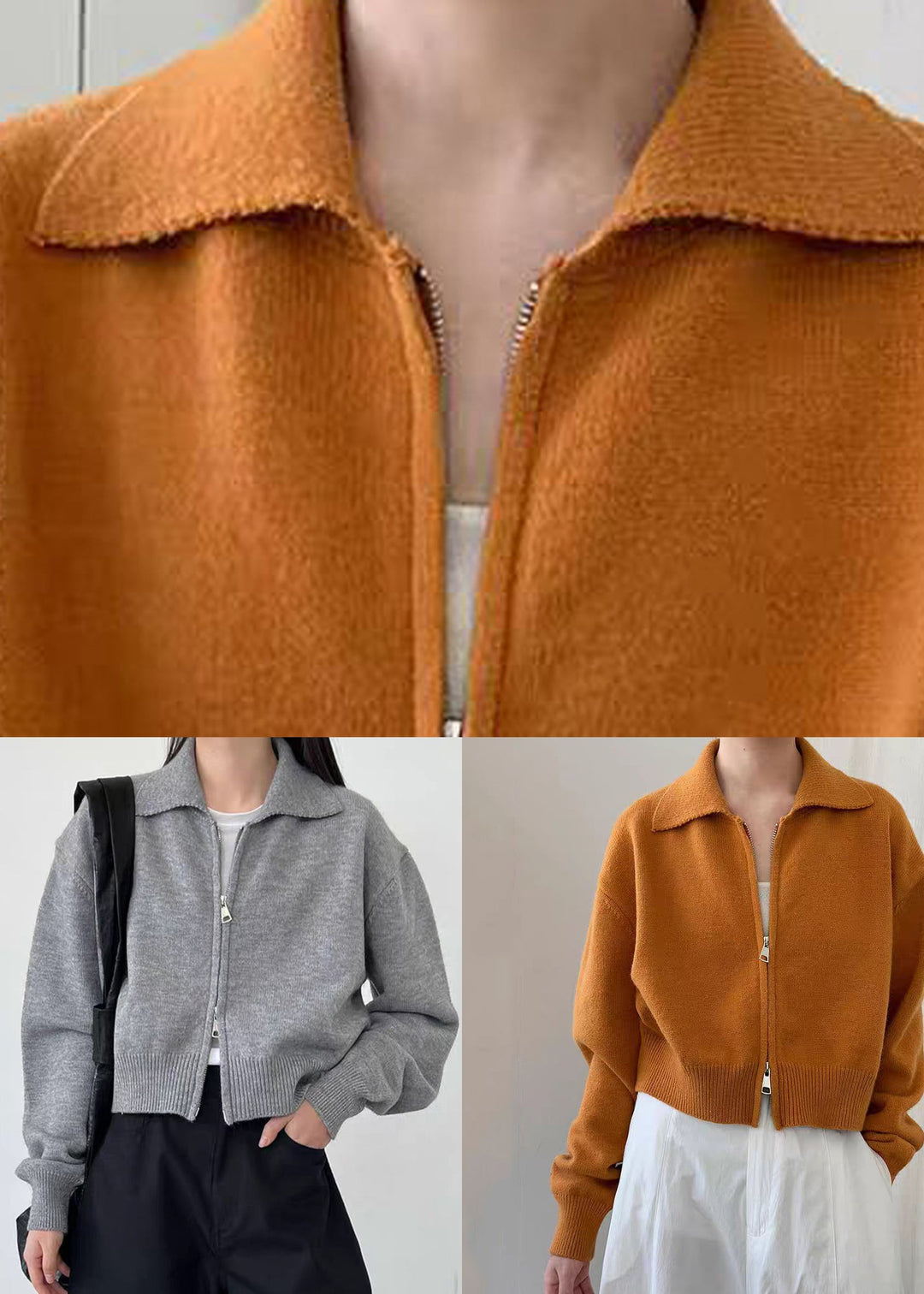 Natural Yellow Zippered Patchwork Solid Cotton Knit Coats Spring