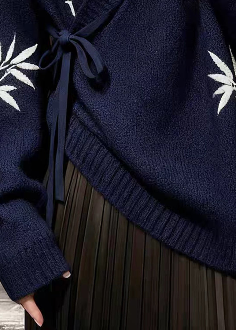 Navy Bamboo Print Lace Up Knit Sweaters V Neck Fall