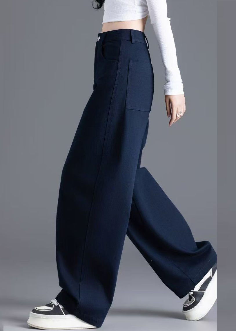 Navy Button Pockets Solid Denim Wide Leg Pants High Waist