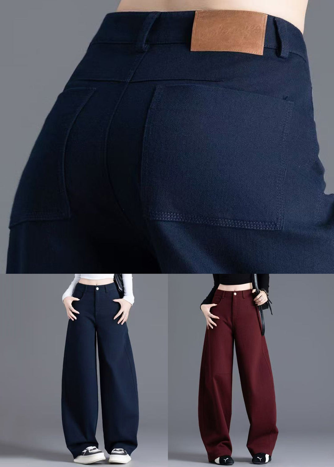 Navy Button Pockets Solid Denim Wide Leg Pants High Waist