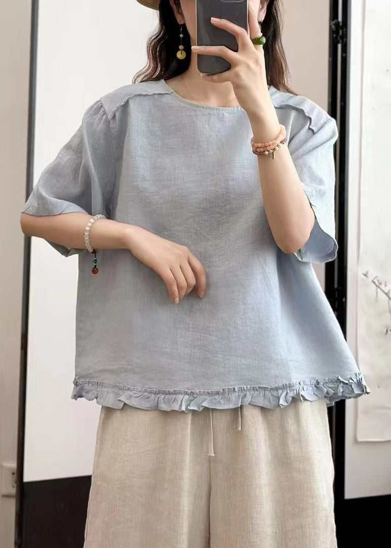 Navy Button Solid Linen Blouse Tops O Neck Summer