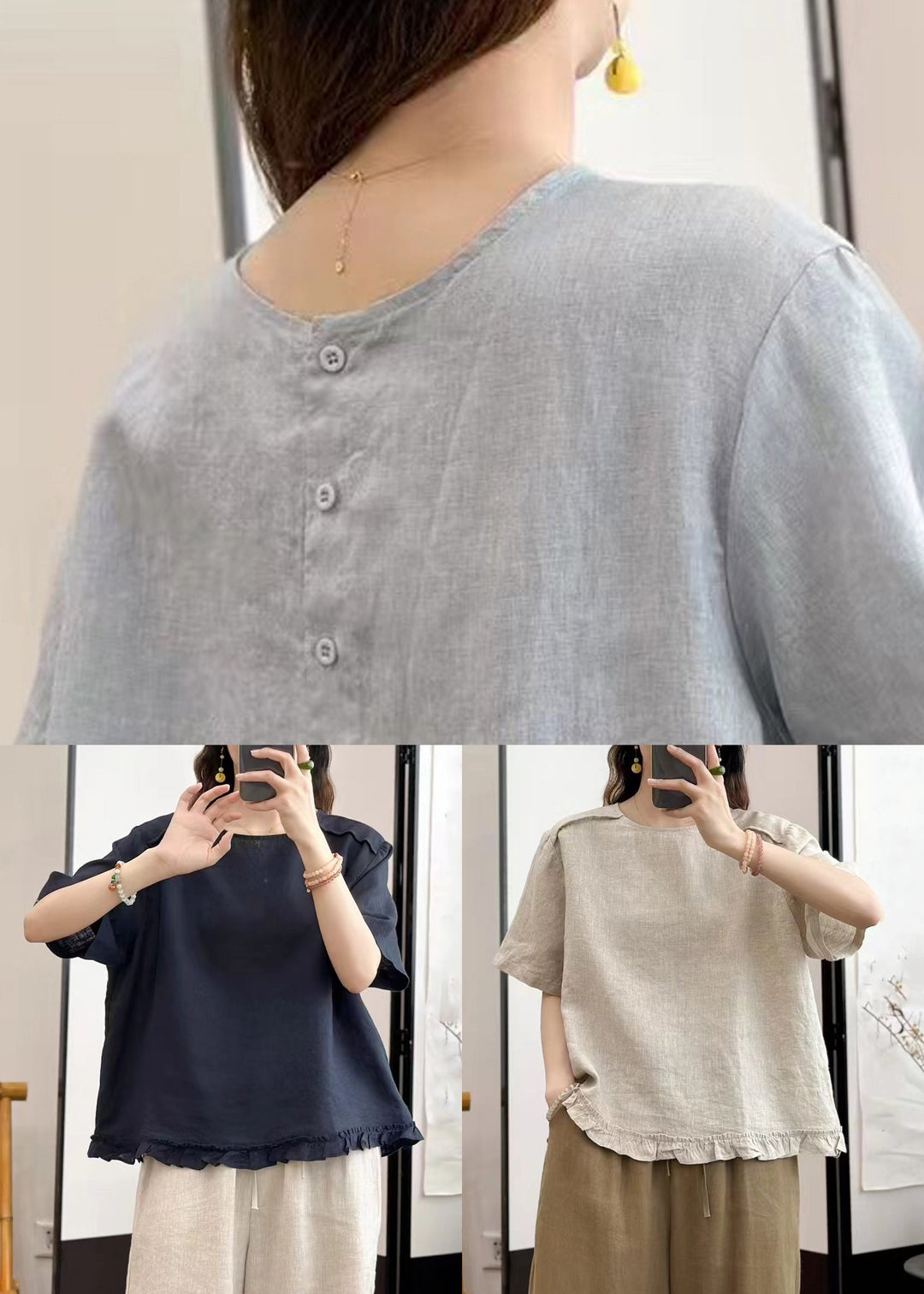 Navy Button Solid Linen Blouse Tops O Neck Summer