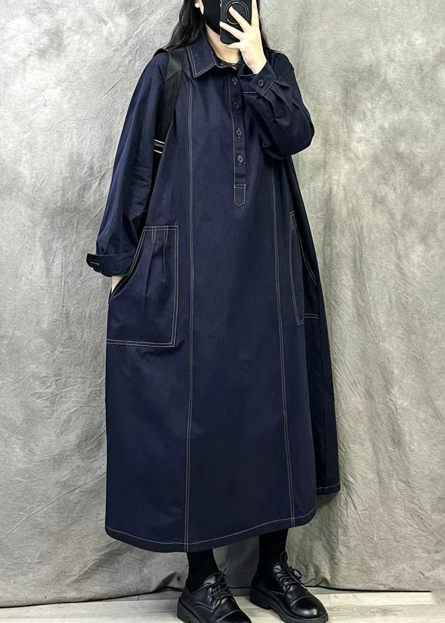 Navy Cotton Ankle Dress Oversized Pockets Fall