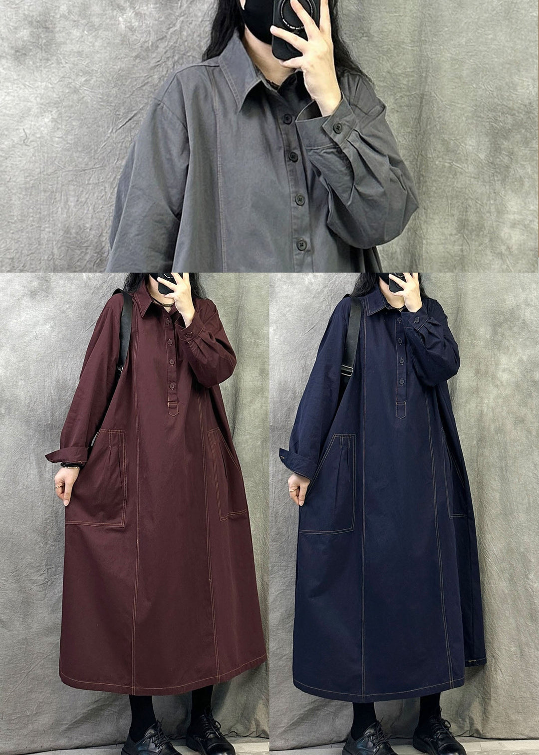 Navy Cotton Ankle Dress Oversized Pockets Fall