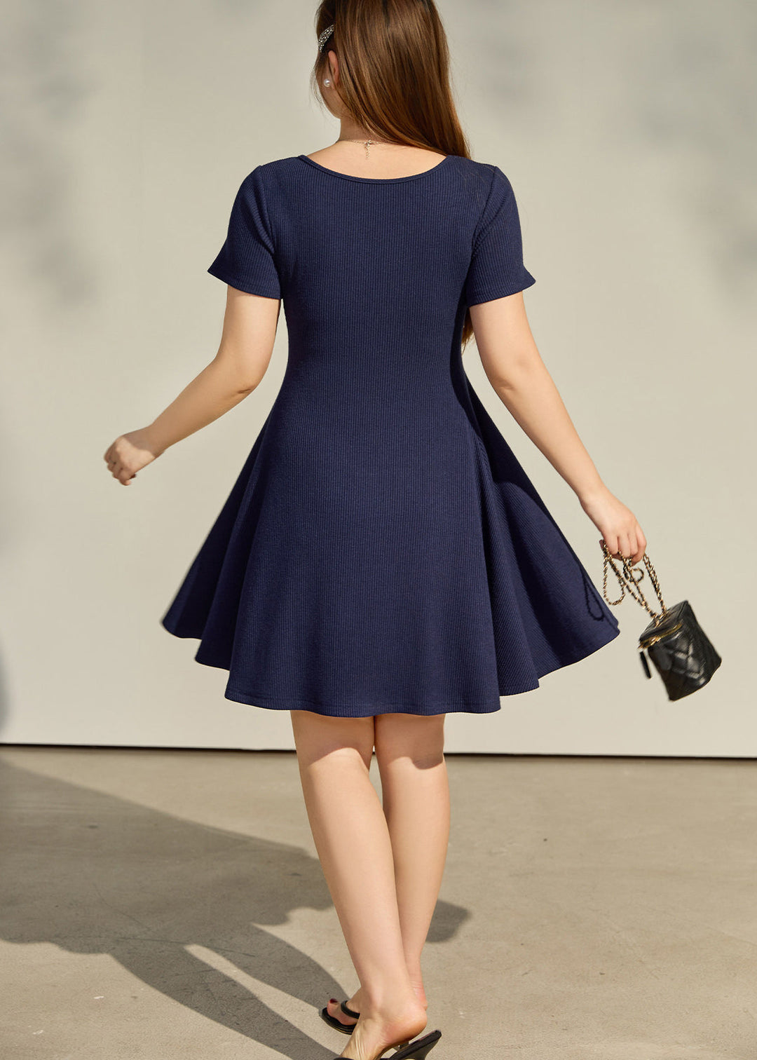 Navy Cotton Dresses U Neck Exra Large Hem Summer
