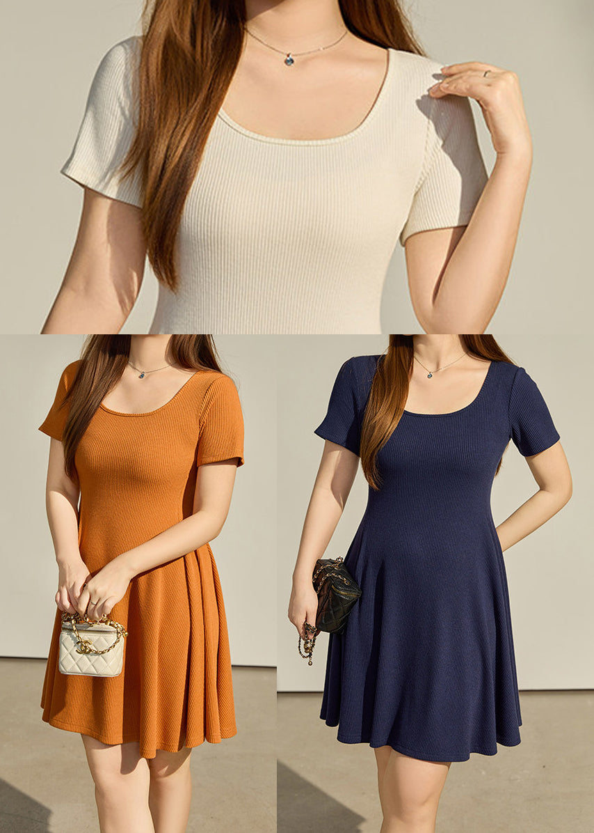 Navy Cotton Dresses U Neck Exra Large Hem Summer