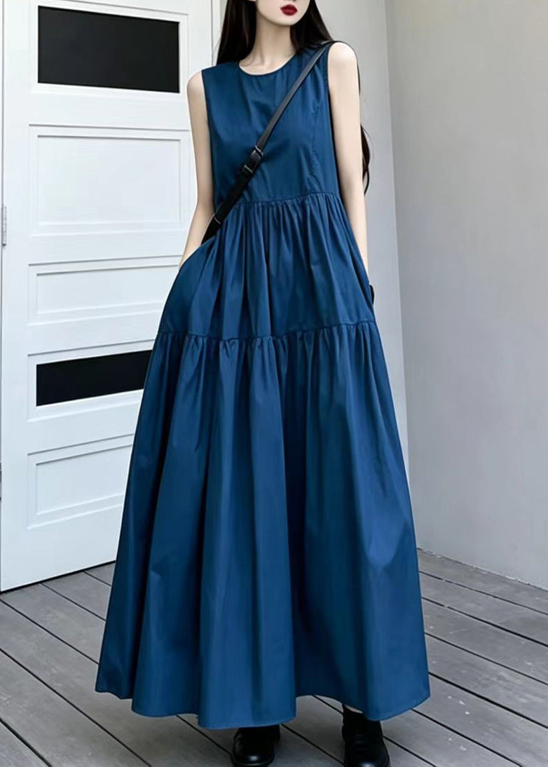 Navy Cotton Vacation Dresses O-Neck Exra Large Hem Summer