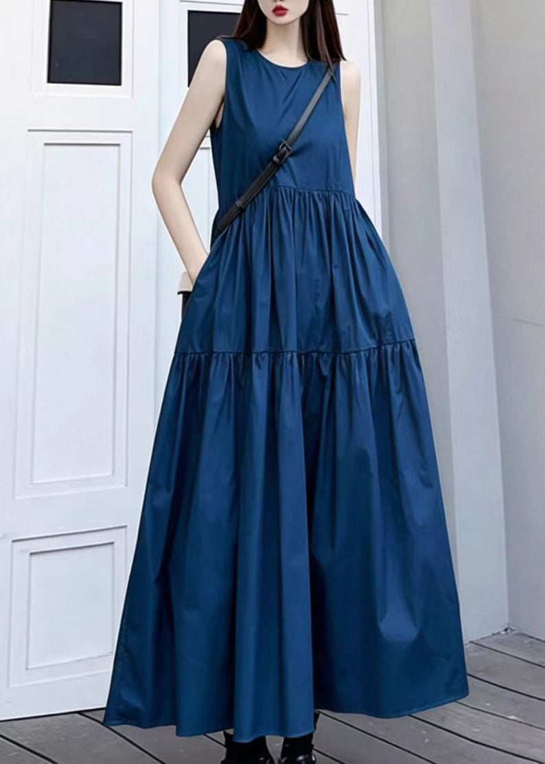 Navy Cotton Vacation Dresses O-Neck Exra Large Hem Summer