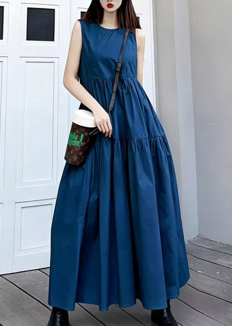 Navy Cotton Vacation Dresses O-Neck Exra Large Hem Summer