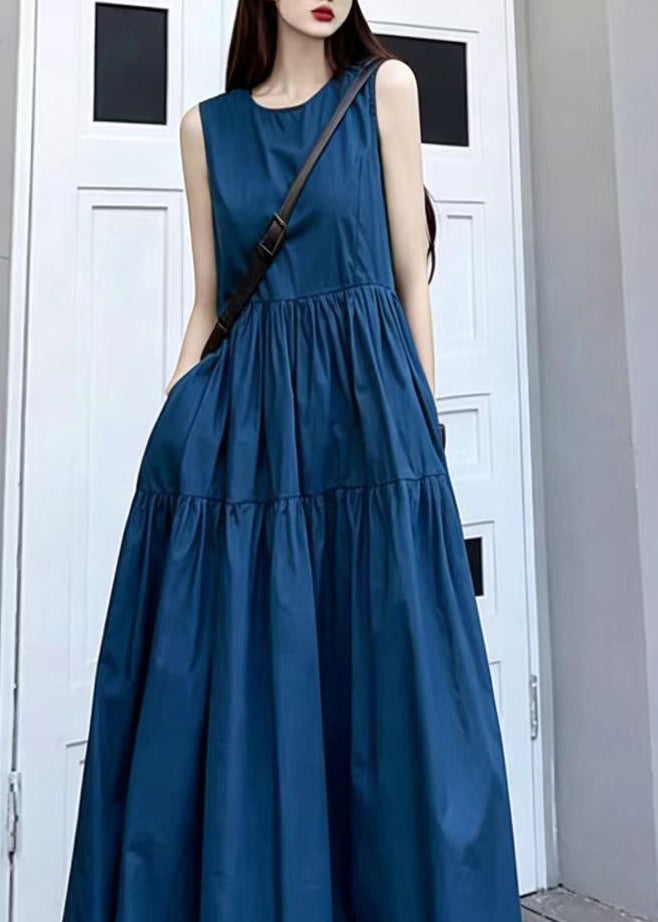 Navy Cotton Vacation Dresses O-Neck Exra Large Hem Summer