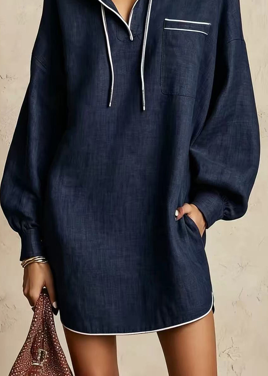 Navy Day Dress Hooded Drawstring Contrast Piping Long Sleeve