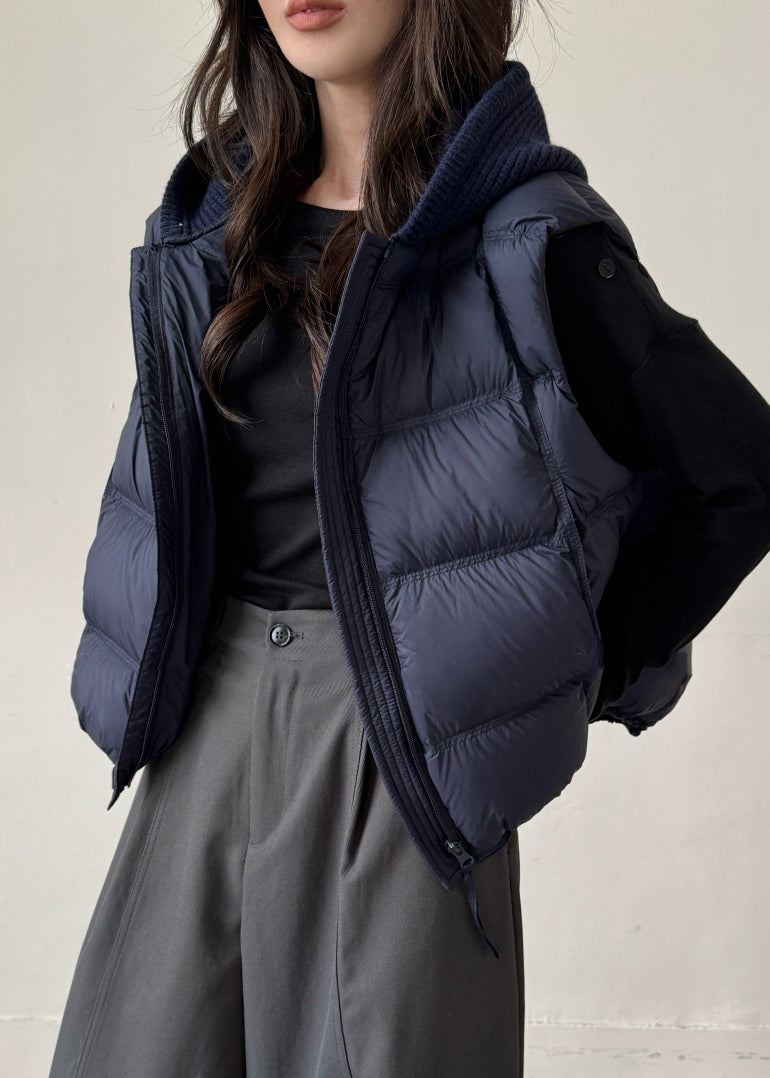 Navy Drawstring Solid Patchwork Duck Down Waistcoat Zippered Winter