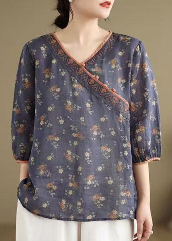 Navy Embroidered Patchwork T Shirt Short Sleeve