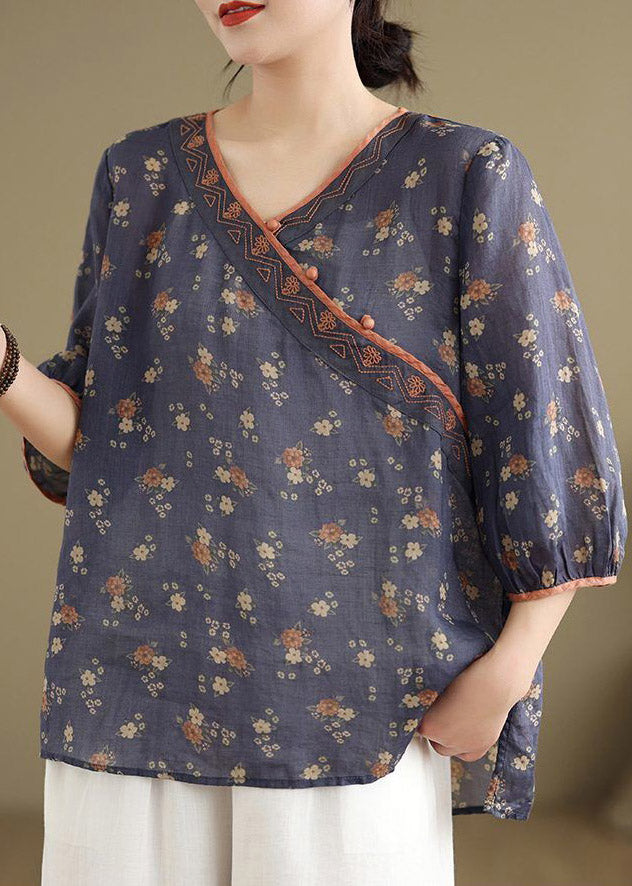 Navy Embroidered Patchwork T Shirt Short Sleeve