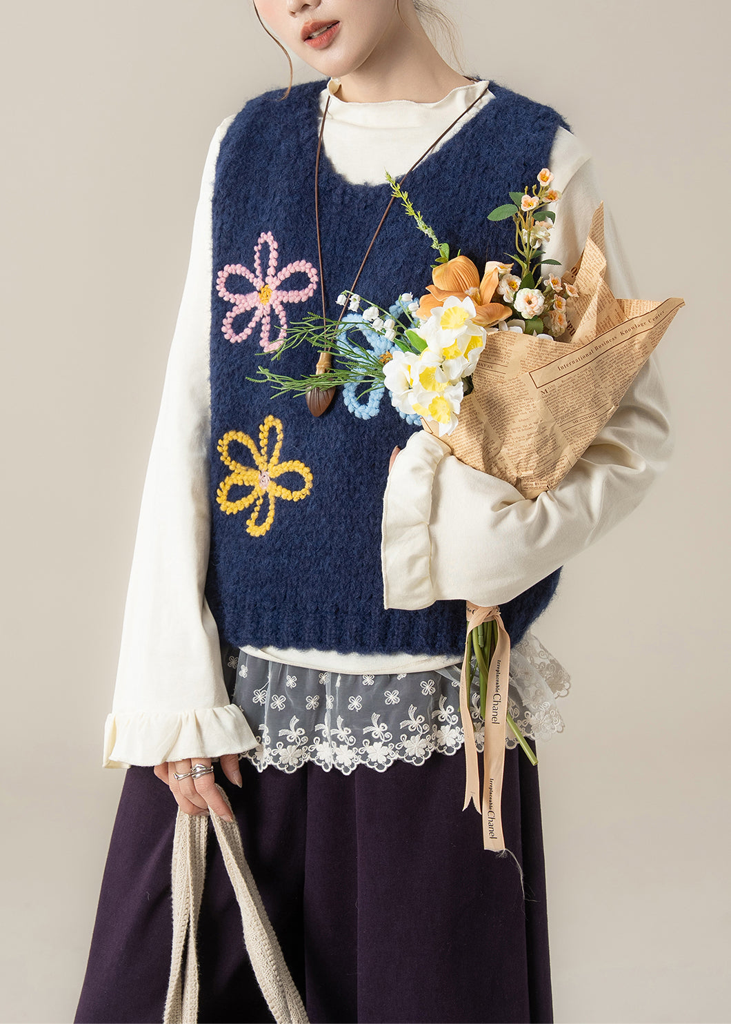 Navy Floral Cozy Knit Vest Tops O Neck Spring