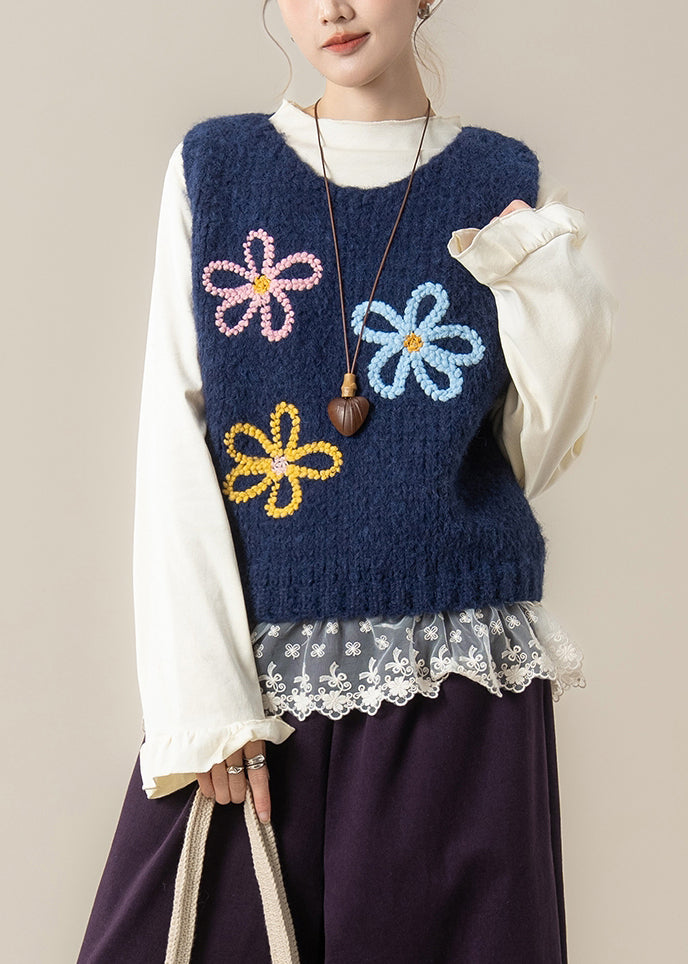 Navy Floral Cozy Knit Vest Tops O Neck Spring