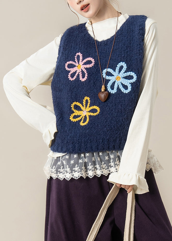 Navy Floral Cozy Knit Vest Tops O Neck Spring