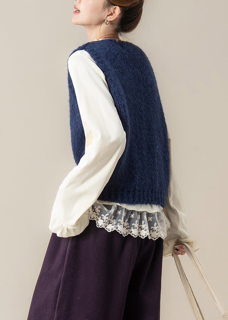 Navy Floral Cozy Knit Vest Tops O Neck Spring