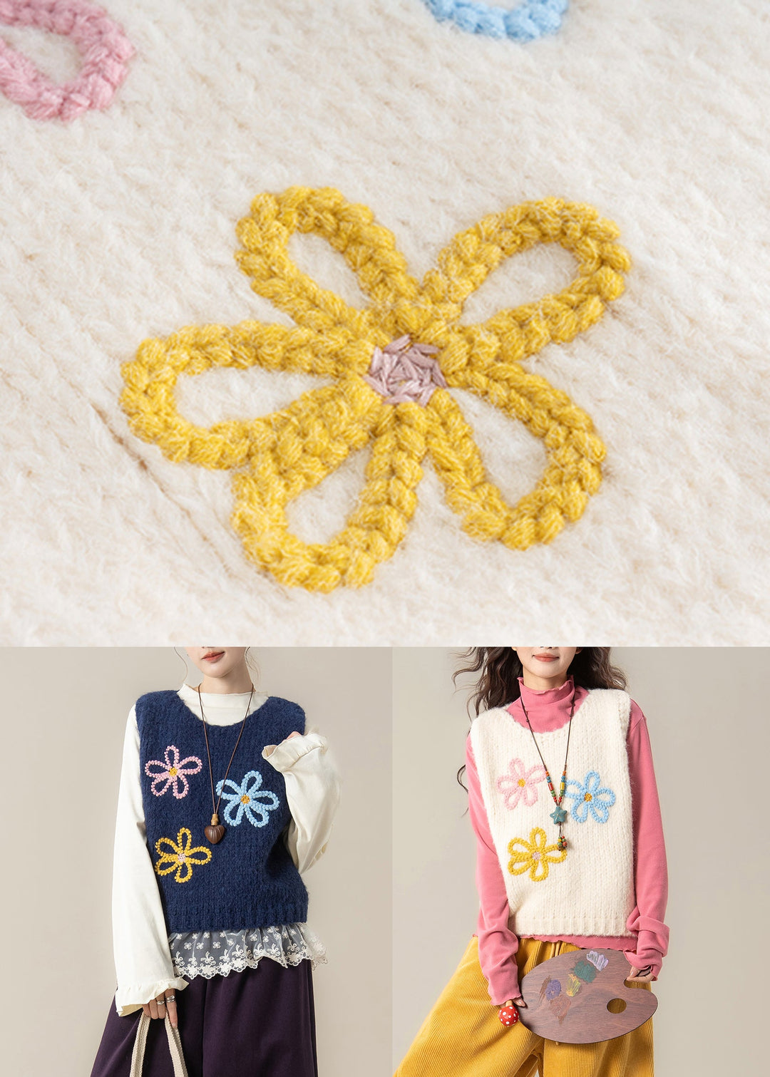 Navy Floral Cozy Knit Vest Tops O Neck Spring