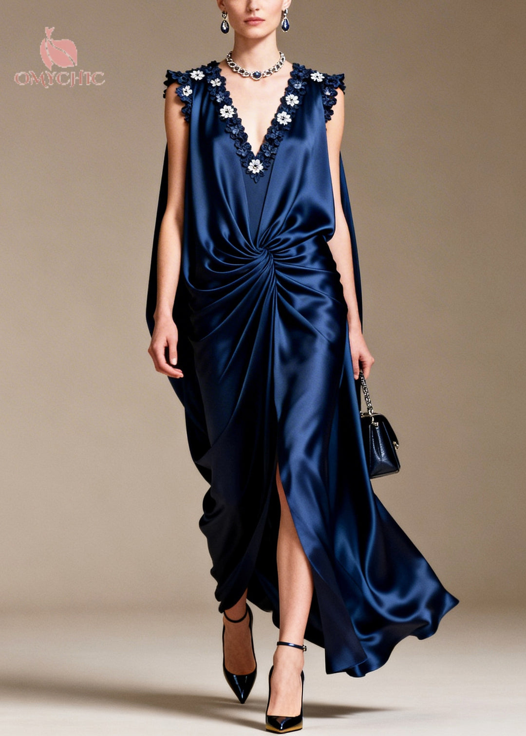 Navy Floral Silk Long Dress Asymmetrical Design Sleeveless