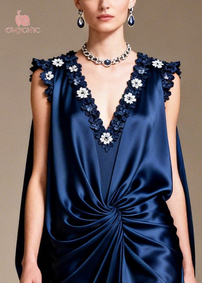 Navy Floral Silk Long Dress Asymmetrical Design Sleeveless